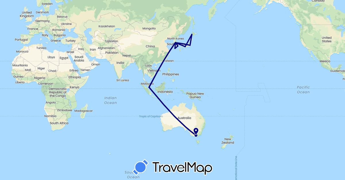 TravelMap itinerary: driving in Australia, Japan, South Korea, Singapore (Asia, Oceania)